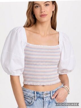 Sokie Collective White Smocked Puff Sleeve Top Crop NWT L Boho Peasant